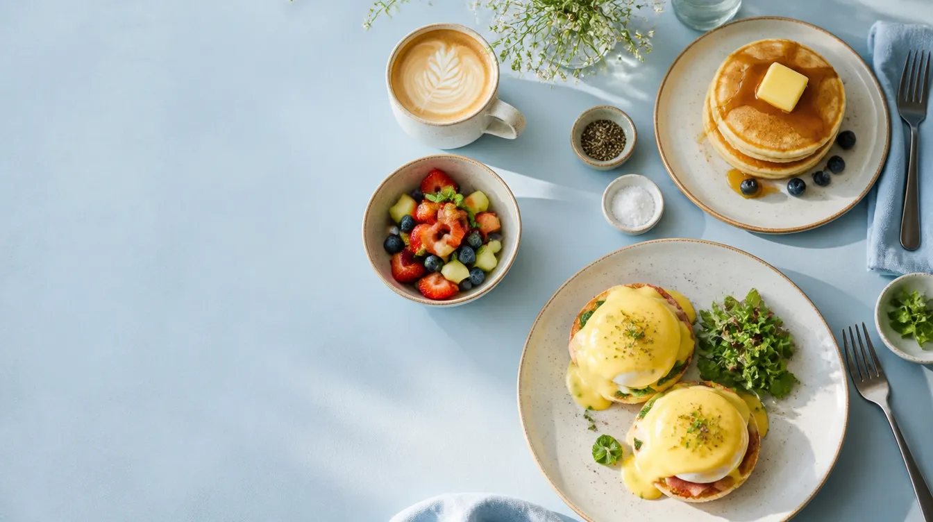 Sunny diner breakfast spread on a powder-blue table: eggs benedict, pancakes and a latte